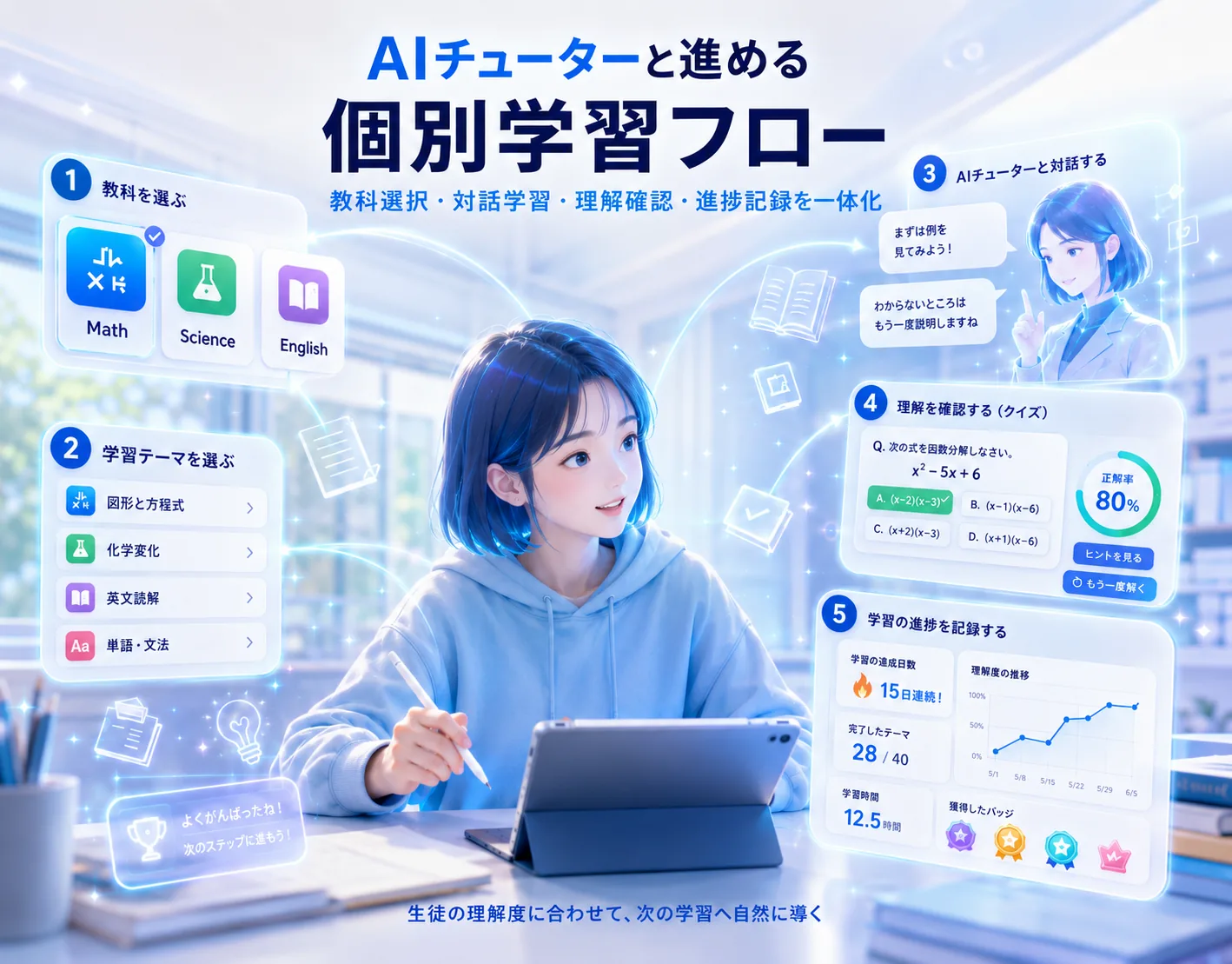 教科選択から対話学習・理解確認・進捗記録までを一体化した個別学習フロー図