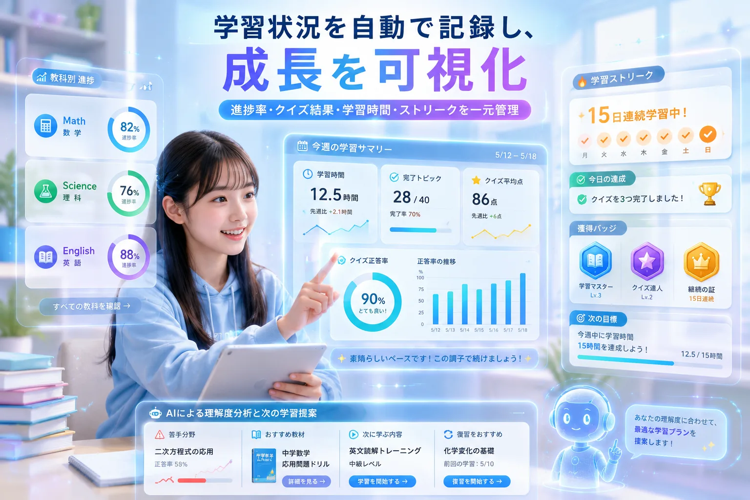 教科別進捗・学習時間・クイズ結果・ストリークを一元可視化する学習ダッシュボード